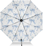 Automatic Folding Umbrella for Rain, Light Blue Bows Travel Umbrella UV Protection Large Windproof Inverted Umbrella with Cover Bag, 8 Ribs
