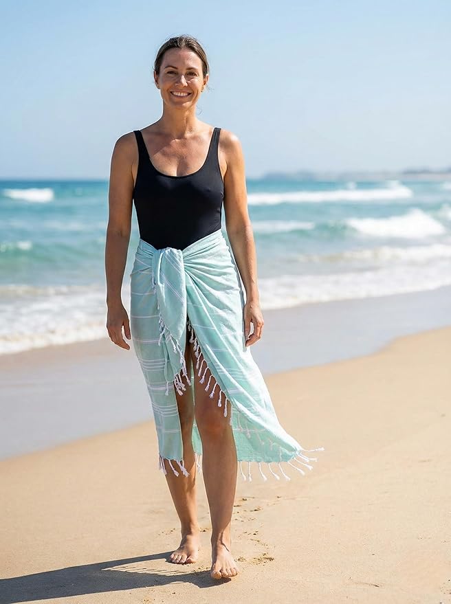 Cotton Turkish Beach Towel with Towels Oversized 36"x72" Pool Absorbent Extra Large Quick Dry Sand Travel Towel (Aqua Satin, 2 Pack)