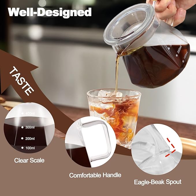 Pour Over Coffee Maker 13.5oz Portable Glass Coffee Maker High Borosilicate Glass Eagle Beak Spout Design with 50 Pcs Filter Paper Walnut Wood Base for Pour Over for Daily Brewing 400ml