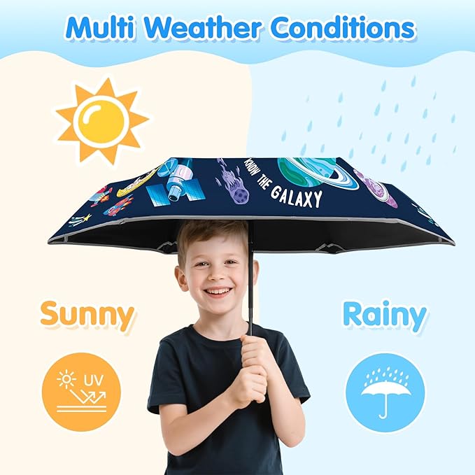 Kids Folding Umbrella Auto Open/Close Umbrellas for Rain Round Corner Safe Design UV Resistant Automatic Children Travel Umbrellas Reinforced Canopy 360° Reflective Strip Lightweight for Girls & Boys