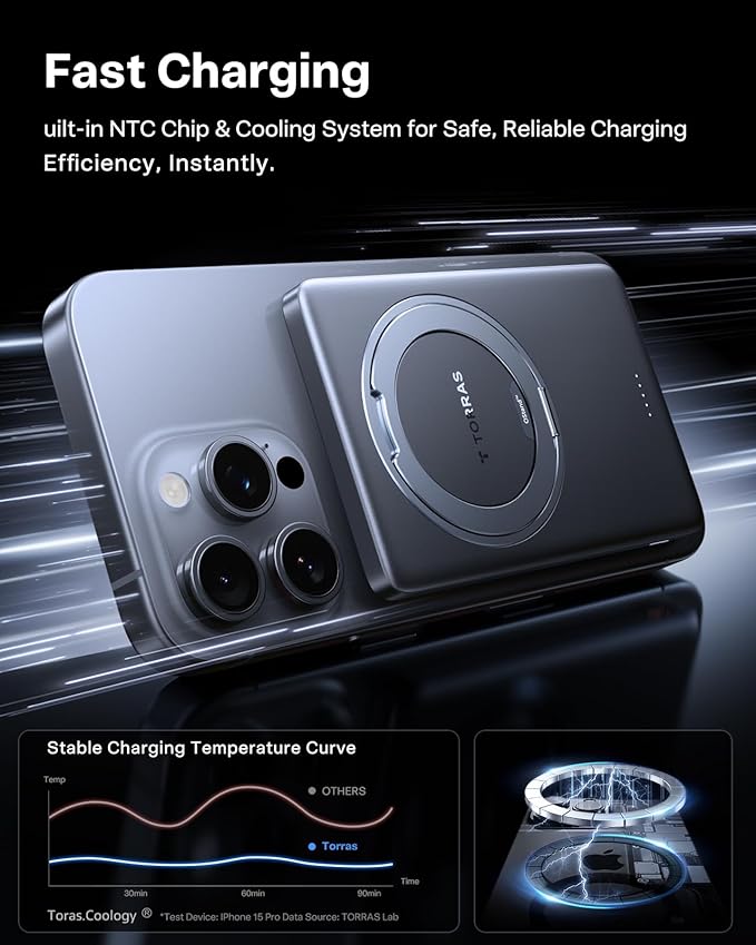 TORRAS Ostand MiniMag Power Bank, 5,000mAh Ultra Slim Wireless Portable Charger with Stand, Fast Charging for iPhone Magnetic Battery Pack for iPhone 17/Pro/Pro Max/16/15/14, Gray