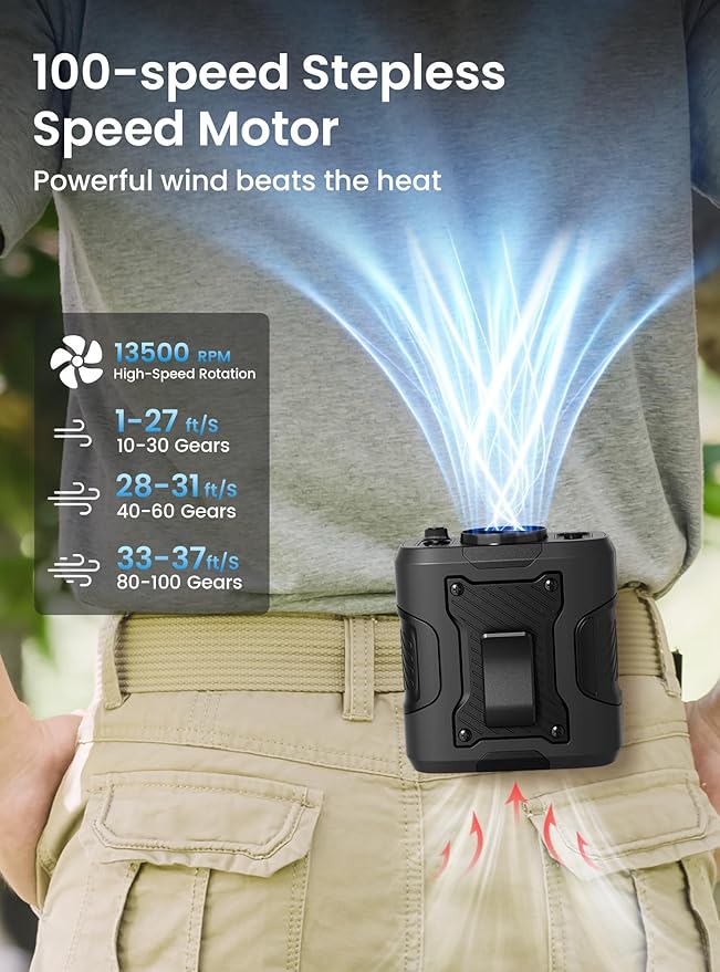 Koonie Portable Waist Clip Fan, Personal Fan with 100 Speed Levels, Belt Cool Clip on Pants with 13500 RPM Strong Airflow, Rechargeable Battery, 24H Use Time, Under Shirt for Outdoor Work, Black