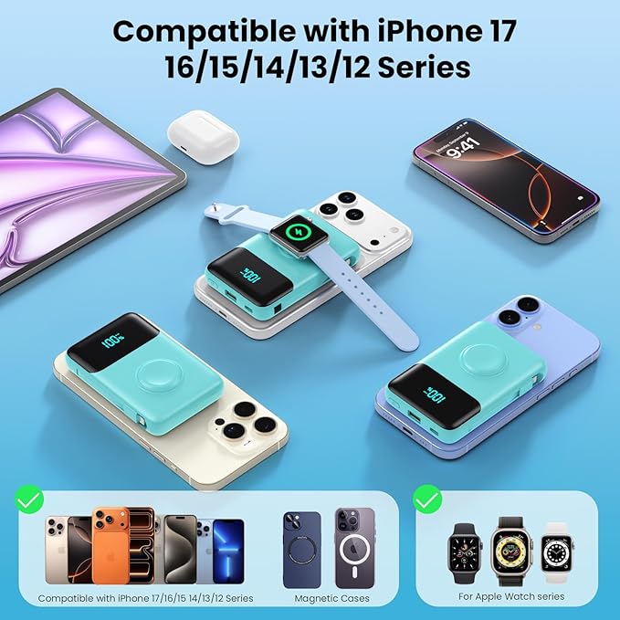 Magnetic Portable Charger for iPhone with Built-in Cable,10800mAh Wireless Power Bank for Magsafe Travel Essential,6-in-1 25W PD Fast Charging USB C Battery Pack for iPhone 17/16/15/14/13, Apple Watch