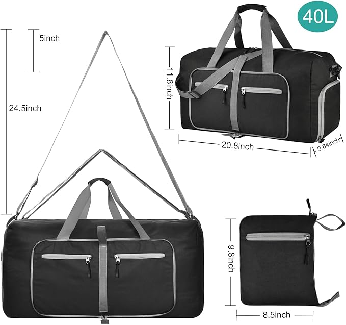 Dimayar 40L Travel Duffle Bag for Men Women - Foldable Duffel Bag with Shoes Compartment - Overnight Bags Waterproof & Tear Resistant(Black)
