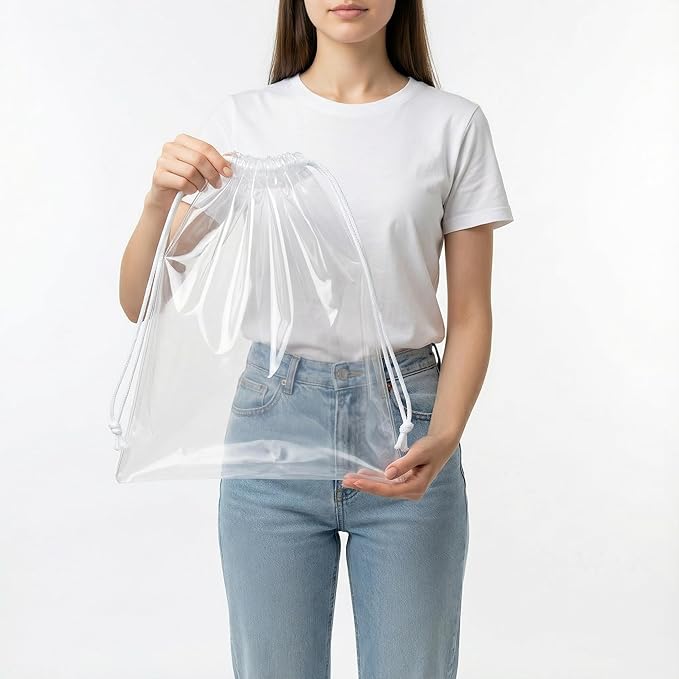 Clear LDPE Drawstring Bags (100 Pack) (13.75" x 17.5") 2 Mil Disposable Transparent Plastic with Double Cotton White Strings. Shoe Bags for Travel Large Storage Organizers Pouch (100)