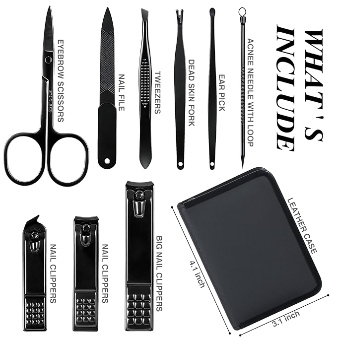 Nail Clippers Set Men Personal Care Tools Accessories Professional Manicure Pedicure Kit With Travel Case Nail Grooming Kit Gifts for Men Women Father Mother (Black and Red)