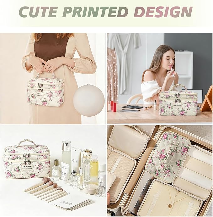 Gosect Large Quilted Makeup Bag, Large Floral Cosmetic Bag for Women, Cute Cotton Makeup Bags, Flower Travel Toiletry Organizer Bag (Pink Flowers)