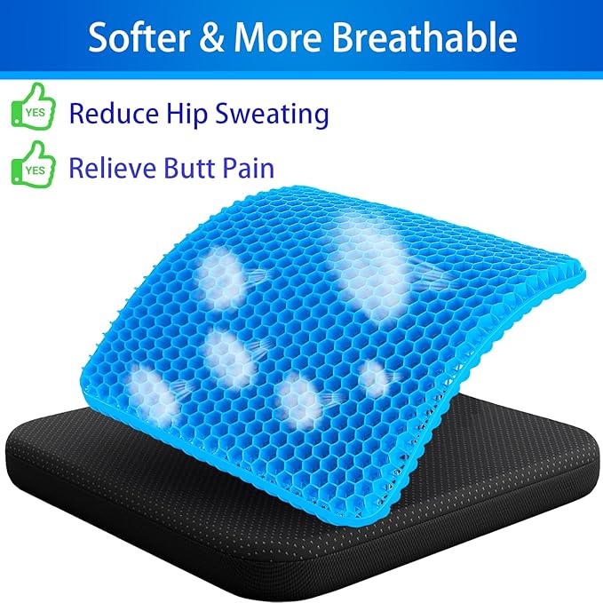 KYSMOTIC Large Gel Seat Cushion for Long Sitting (Large & Thick), Soft & Breathable, Gel Cushion for Wheelchair Reduce Sweat, Chair Cushion for Office Chair (Black Cover)