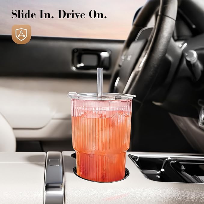 GOSCHE 20oz Iced Coffee Cups with Lids, Glass Cups with Lids and Straws, Thickened Glass Tumbler Set Ideal for Latte, Juices, Cocktails and Beverage, Pink, 2 Pack