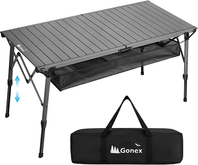 Gonex 50" Camping Table with Adjustable Height Legs for Uneven Ground, Portable Folding Aluminum Roll Up Table with Mesh Pocket for Camping, Picnic, BBQ, Cooking
