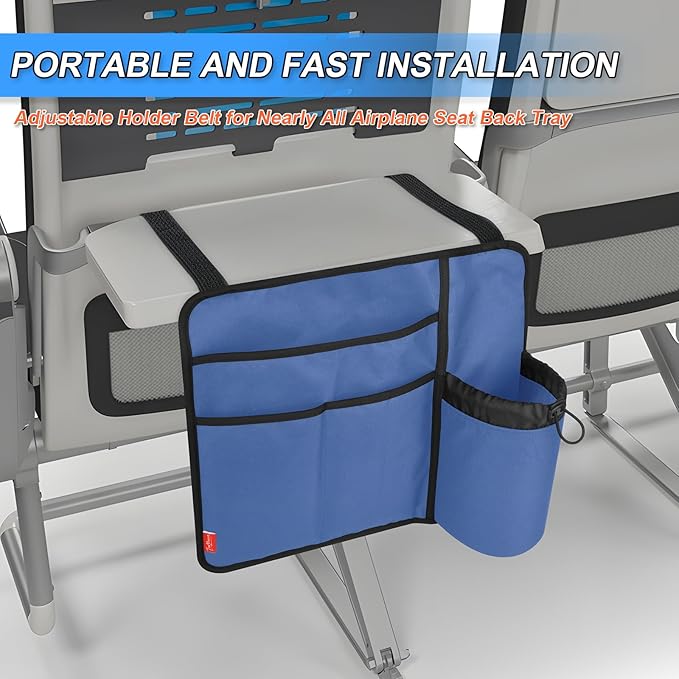 Airplane Seat Back Organizer & Storage, Airplane Tray Table Cover for Personal Items, Airline Seat Hanging Pockets Media Pouch,Reusable Travel Essentials,Fits Tablets,Cell Phone,Water Bottle (Blue)