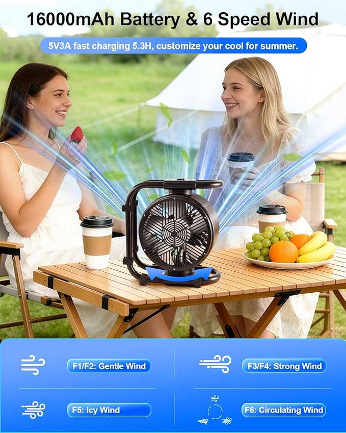 Portable Outdoor Oscillating Fan,6-Speed Oscillating Fan & 3-Speed Light,16000mAh Battery Powered Fan(24Hrs),For Indoor,Outdoor,Camping,Tent,Travel,Fishing,Jobsite,Gifts for Men Dad Him