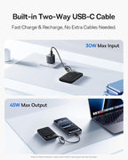 Baseus 45W Ultra Slim 10000mAh Power Bank Built-in USB-C Cables, CCC Certified Portable Charger, Travel Essential Fast Charging Pocket Size Phone Battery Pack for iPhone 17 16 Samsung S25 S24 iPad