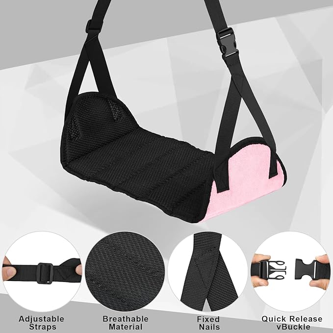 Airplane Foot Rest (Travel Comfortably), Pink Nylon Foot Hammock with Adjustable Metal Frame, Perfect for Airplane, Train, or Office Use