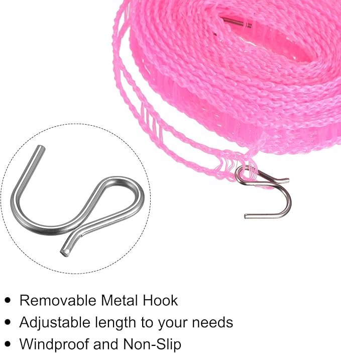 uxcell Portable Clothesline, 16.4ft Nylon Windproof Non-Slip Washing Line Rope for Courtyard Outdoor Travel Camping Laundry Drying, Pink