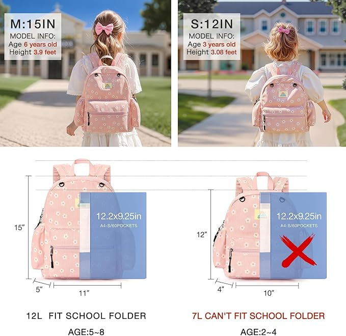 STEAMEDBUN Corduroy Toddler Backpack for Girls 2-4: Kids backpack for Boys Girls - 12 inch Preschool Kindergarten Backpacks - Sakura