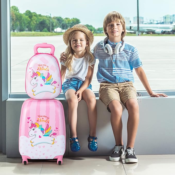 BABY JOY 2 Pcs Kids Luggage Set, 16" Carry-on Luggage Trolley Case & 12" Backpack w/Rolling Wheels, Retractable Handle, Lightweight Airline-approved Design, Kids Suitcase for Girls Boys (Lovely Pony)