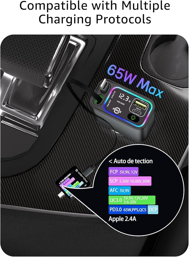 Retractable Car Charger USB C,145W Type C Car Charger Fast Charging with Dual Retractable USB C Cable and USB Ports for iPhone 17/16/15,S25/24/23/22, Pixel 9/8/7(Build-in Dual Type C Cable)