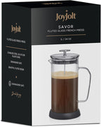 JoyJolt Fluted French Press Coffee and Tea Maker Set, 33.8oz Stainless Steel Press, Borosilicate Glass Coffee Press, Cold Brew Portable French Press, Tea Press, Large, clear