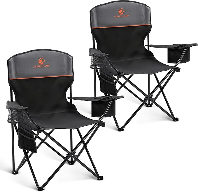 ALPHA CAMP Camping Chairs 250LBS Capacity, Heavy Duty Folding Chair with 4-Can Cooler Bag, Portable Outdoor Chair with Cup Holder for Adults, Collapsible for Tailgating, Beach, Fishing,Black,2PC