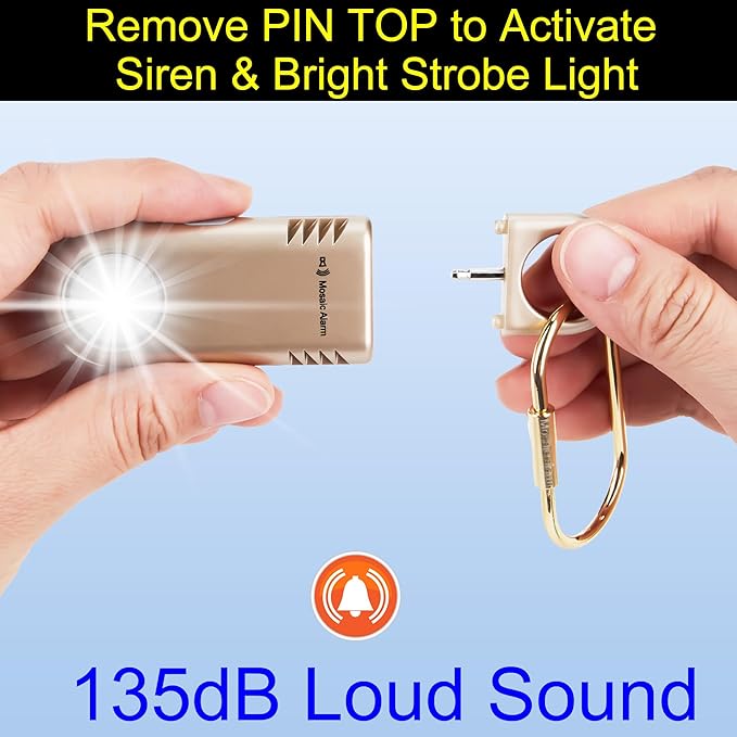 135dB Rechargeable Personal Safety Alarm Built-in Ultra-Bright Flashlight Non Slip Grip Keychain Emergency SOS Siren for Women, Students, Night Runner. Loud Sound Hiking Bear Alerts with Hook. Gold