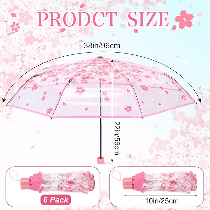 6 Pack Cherry Blossom Umbrella Clear Folding Travel Transparent Floral Rain Umbrellas For Adult Kids Girls Romantic Flower Wedding Decoration Auto Open Umbrella