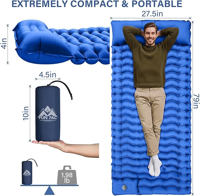 FUN PAC Camping Sleeping Pad with Pillow Built-in Foot Pump Inflatable Sleeping Mat Compact for Camping Backpacking Hiking Traveling - Blue