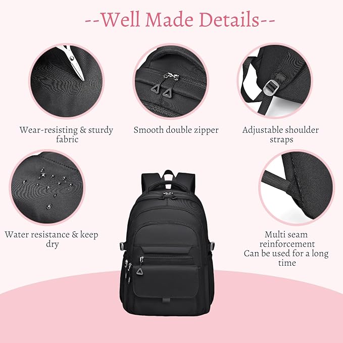 Backpack for Girls, Solid-Color School Backpack for Boys Kids, Aesthetic Girls Bookbag for Elementary School Travel Daypack,Black