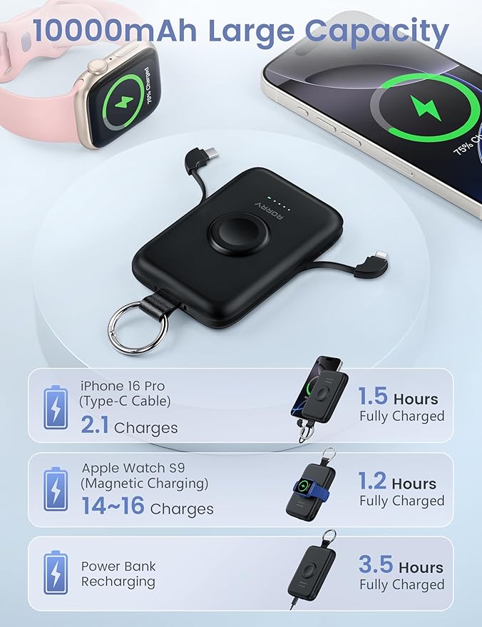 RORRY CharmGo Portable Charger, 10000mAh 20W Fast Charging Portable Charger Power Bank with Built in Cables, Travel Battery Pack for iPhone 17/16/15/14/13/12 and Apple Watch, Black