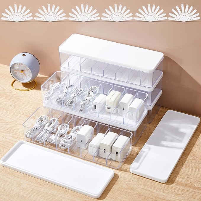 Tatuo 6 Pcs Cable Organizer Box with Wire Ties, Plastic Cord Storage Box with Lid, Electronics Organizer for Home Office Desk Organizers and Accessories (Clear,White)