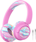 iClever BTH22 Kids Bluetooth Headphones, 60H Play Time, 74/85 dBA Safe Volume, Bluetooth 5.4, USB C, Over Ear Kids Headphones Wireless with Mic AUX Cord for iPad/Tablet/Travel/School, Pink-Stripe