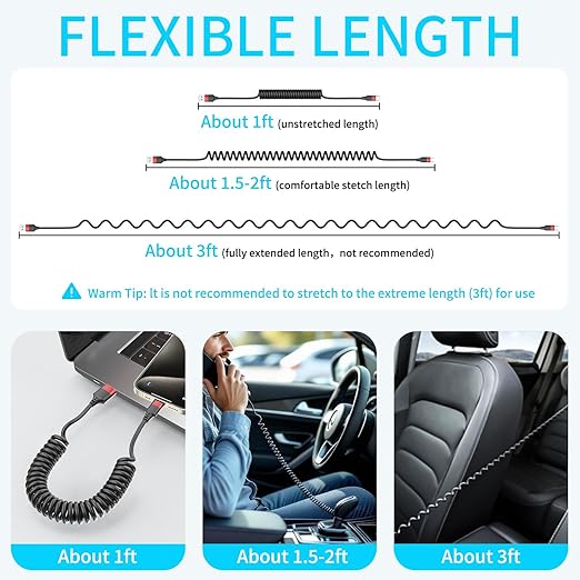 Coiled USB C Cable for Car, 2 Pack Type C Coiled Cable Fast Charging, USB to USBC Coiled Cable, USB C Car Charger Cord for iPhone 17 16 15, Samsung Galaxy S25 S24 S23 Ultra, Pixel 10 9