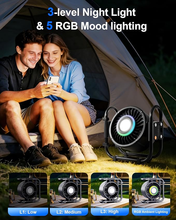 Oscillating Camping Fan Rechargeable - 16000mAh Battery Powered Fan with 6 Winds Night & RGB Ambient Light Digital Display 120° Vertical & horizontal Rotation for Camping Tent Fishing Outdoor