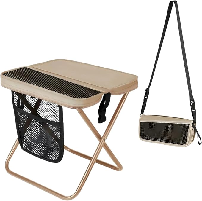 12" Portable Collapsible Stool - Folding Chair with Storage Pouch, Convertible Satchel for Hands-Free Carry & Supports 265Lbs, Ultralight for Hiking, Fishing, Camping, Festivals (Khaki, Standard)
