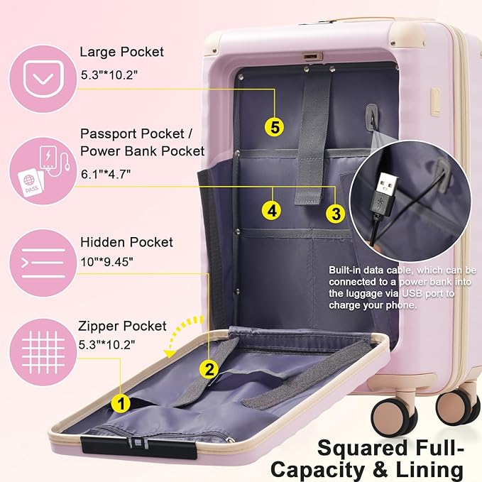 5 Piece Luggage Set w/TSA Locks & USB Port, Front Opening Hard Shell Luggage Sets, Expandable Suitcase Set with Wheels and Cup Holder(20"/24"/28") (Pink)