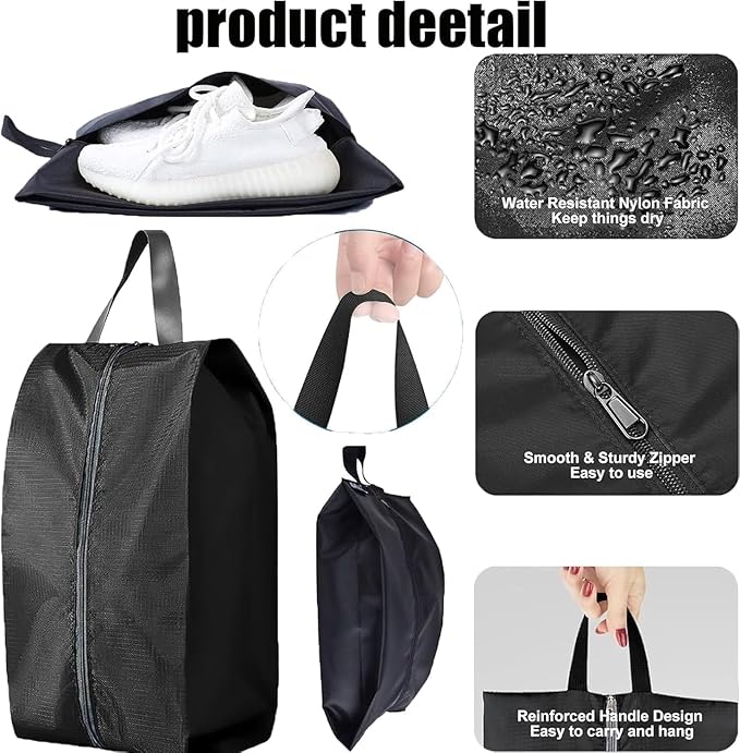 5Pcs Large Travel Shoe Bags Portable Travel Gifts Shoe Organizer with Zipper Closure, Waterproof Nylon Shoe Storage Organizer with Handle Travel Bags For Men and Women, Black