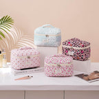 uekeboag Large Travel Quilted Makeup Bag for Women, Floral Cotton Cosmetic Bag, Coquette Aesthetic Floral Toiletry Organizer Bag