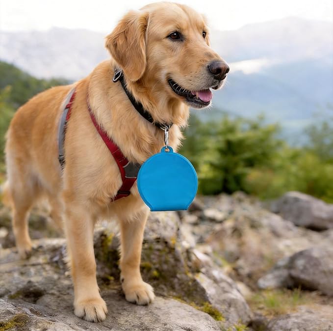 Foldable Dog Travel Bowl with Carabiner Clip, Portable Pet Water Bowl for Hiking Camping Walking, Collapsible Silicone Outdoor Dog Bowl, Space Saving Food & Water Dish for Puppy (Blue)