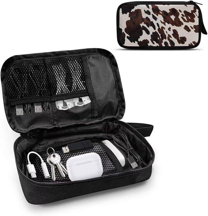 Cow Print Electronic Organizer Travel Cable Organizer Storage Bags for Data Cables, USB C Charger, SD Card, Hard Drive, Charging Cord, Mouse, Power Bank