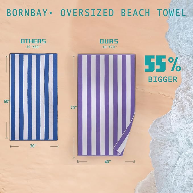 Bornbay Large Beach Towel Oversized - 40"X70" Big Cute Beach Towels, Extra Large Thick Purple Beach Towel, XL Wide Fluffy Swimming Towel Oversize,Giant Stripe Cotton Pool Towel for Adults