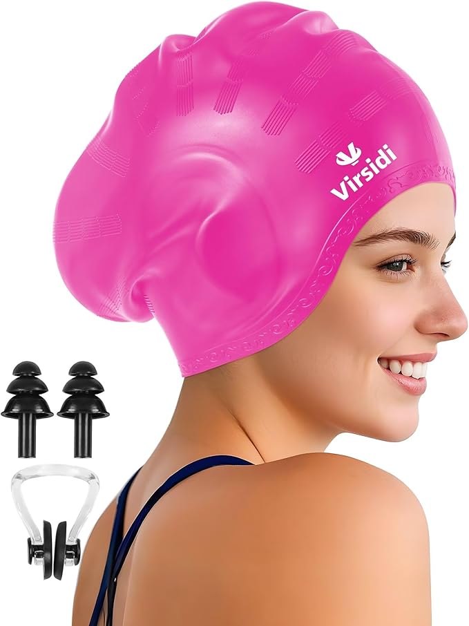 Swim Cap for Long Hair, Silicone Swimming Cap for Adult Women Men with 3D Ear Protection, Waterproof Large Swim Hats Bathing Caps to Keep Hair Dry with Ear Plugs Nose Clip