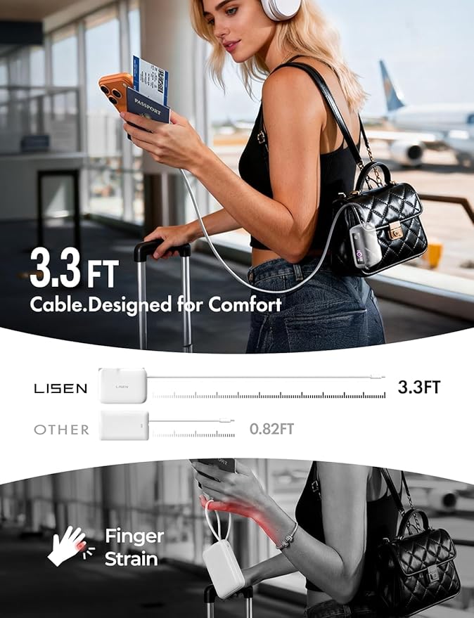LISEN [Practical＆Lazy Design 3 in 1 Travel Essentials Power Bank，7000mAh 35W Fast Charging with Wall Plug and Build-in Cable for iPhone 17 16 15 Pro Max Plus,Samsung Galaxy,iPad,Android，Mint Green