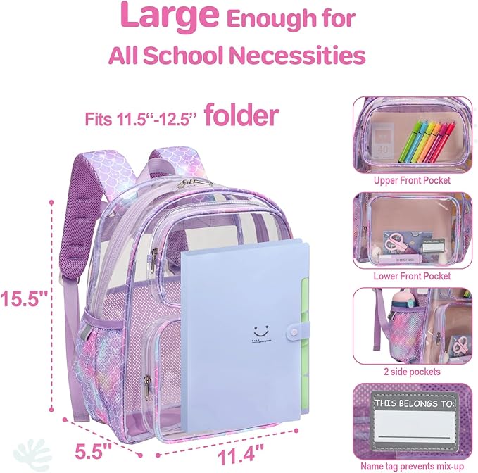Bagseri 2pcs Clear Backpack for Girls - 15 Inch School Bag with Matching Pencil Case, Heavy Duty Transparent Bookbag for Kindergarten to Grade 2, Fits Folders, Purple Mermaid