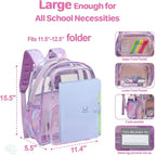 Bagseri 2pcs Clear Backpack for Girls - 15 Inch School Bag with Matching Pencil Case, Heavy Duty Transparent Bookbag for Kindergarten to Grade 2, Fits Folders, Purple Mermaid