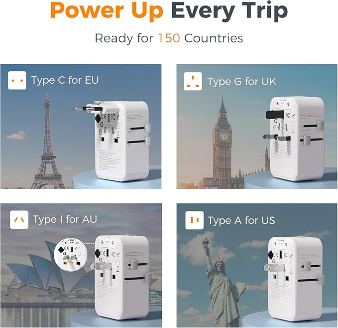 Universal Travel Adapter 20W, TESSAN Ultra Slim International Power Adapter with 2 USB-C 1 USB-A, Travel Plug Adaptor Worldwide for US to European UK Spain Italy England New Zealand (Type C G A I)