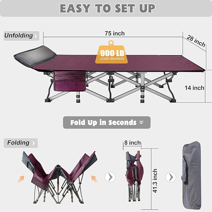 ABORON Camping Cot for Adult 28" Extra Wide, 2PK Heavy-Duty 1200D Oxford Cot for Sleeping, Portable Folding Camp Bed with Mat & Carry Bag
