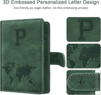 Personalized P Passport Holder Cover Initial Letter Travel Wallet RFID Blocking Passport Cover Credit Card Holder Case Passport Book Holders for Women and Men, Pine Green-P