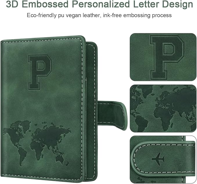Personalized P Passport Holder Cover Initial Letter Travel Wallet RFID Blocking Passport Cover Credit Card Holder Case Passport Book Holders for Women and Men, Pine Green-P