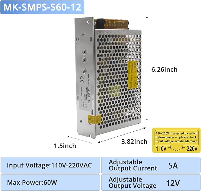 MK-SMPS-S60-12 MAKERELE DC 60W Switching Power Supply Adapter, AC 110V-220V to DC 12V Universal Regulated Transformer, Switching Converter Power Supply 5A for Strip 3D Printer CCTV Camera Motor Pump