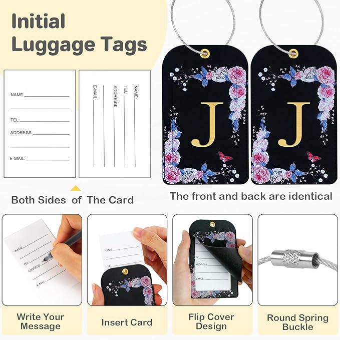 3 Pack Luxury Floral Luggage Tags, Durable PU Leather Suitcase Tags with Stainless Steel Cable Strap, Hidden ID Slot for Privacy Protection, Easy to Identify Waterproof Travel Accessories Gift (J)